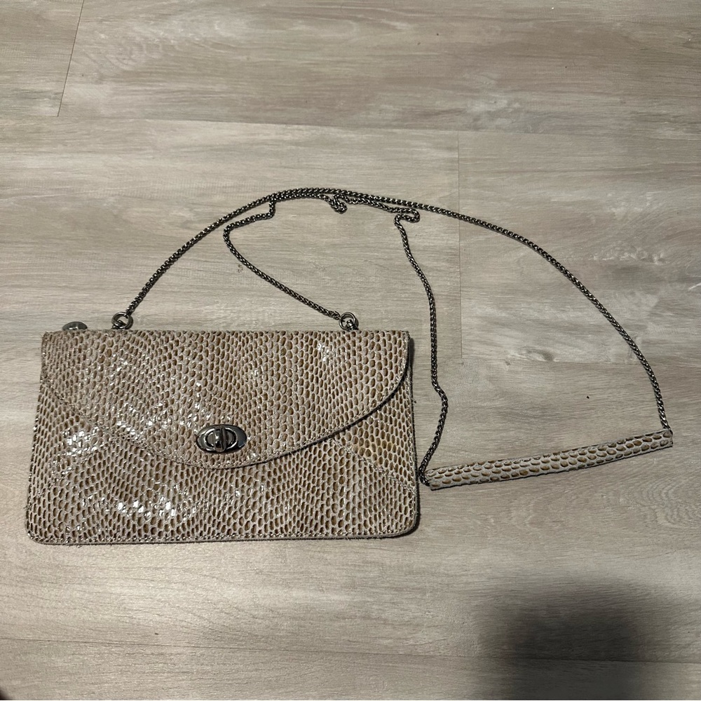 Sorial New York Snakeskin Tan Cream Embossed Leather Crossbody Cluth Bag Purse